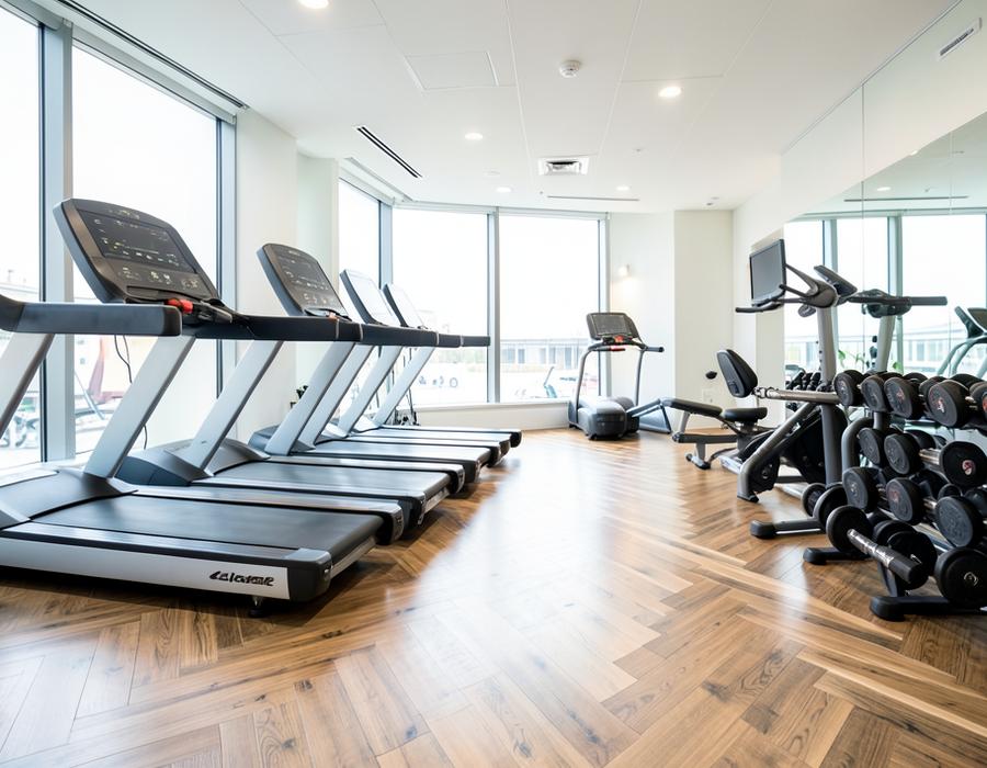 Gym floor with treadmills and free weights