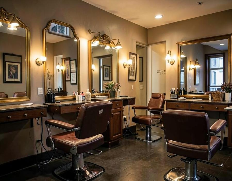 Barber shop interior with leather chairs